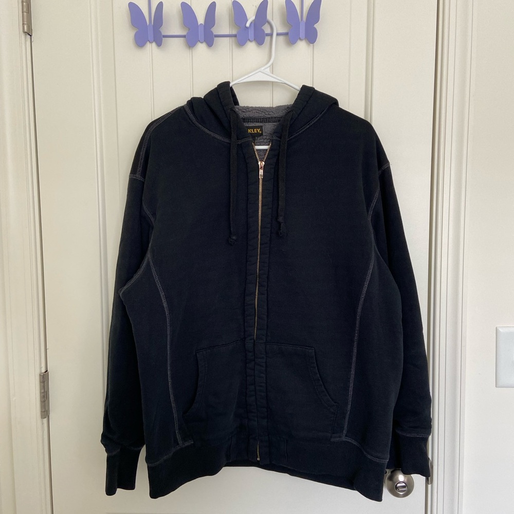 EUC‎ Stanley men’s thick black gray Sherpa fur lined zip hooded jacket large